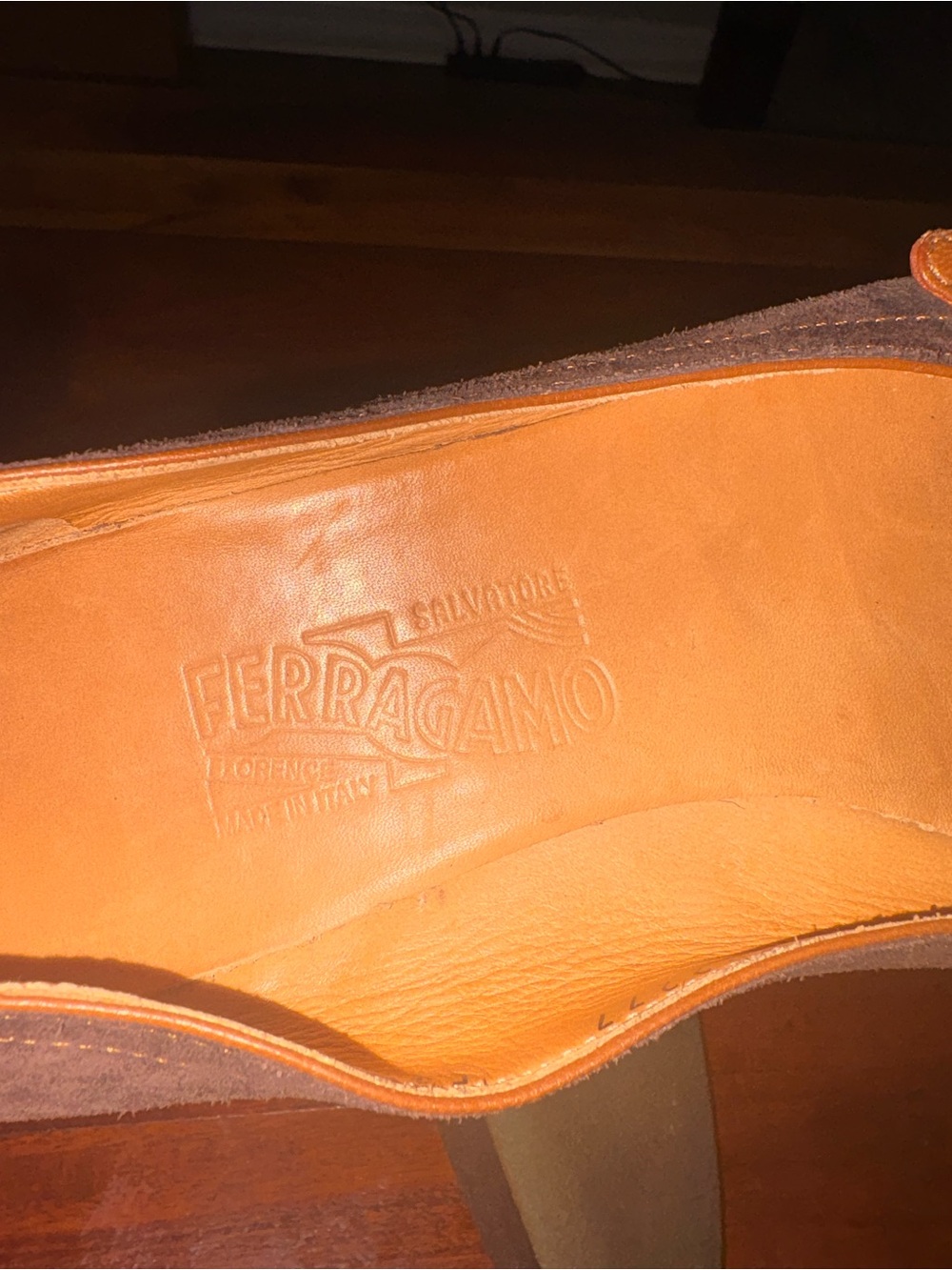 Salvatore Ferragamo Brown Suede Pointed Flats with Tan Strap - Picture 4 of 5